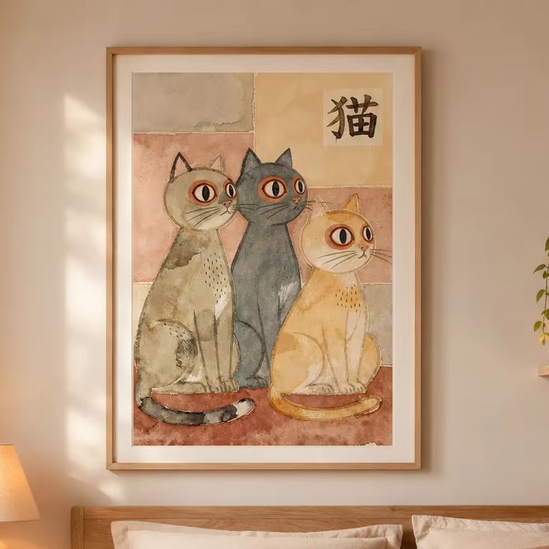 Home Office Japandi - Poster con gatti Japandi, stampa su